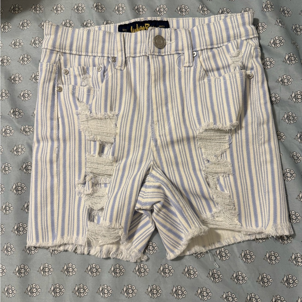 Blue and White Striped Jean Shorts